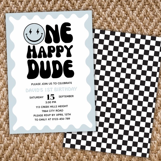 One Happy Dude Wavy Squiggly Retro First Birthday  Invitation (Creator Uploaded)