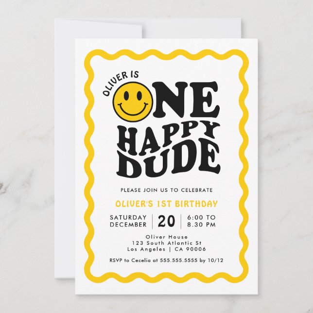 One Happy Dude Yellow Happy Face Boy 1st Birthday Invitation (Front)
