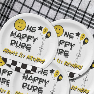 One Happy Dude Yellow Smile First 1st Boy Birthday Paper Plate