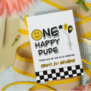 One Happy Dude Yellow Smile First 1st Boy Birthday Thank You Card