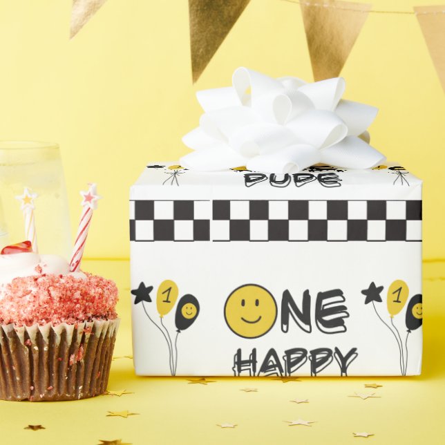 One Happy Dude Yellow Smile First 1st Boy Birthday Wrapping Paper (Birthday Party)