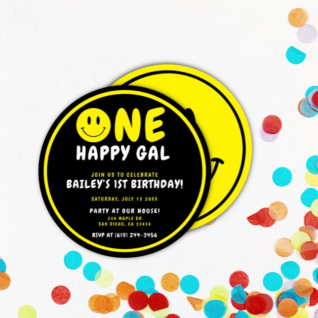 One Happy Gal 1st Birthday Black/Yellow Smiley Invitation (Creator Uploaded)