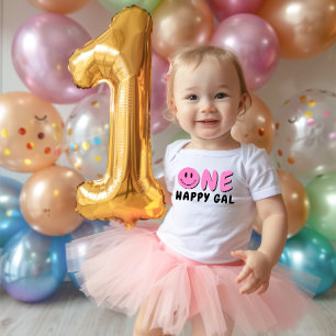 One Happy Gal 1st Birthday Pink Smiley Baby Bodysuit