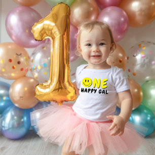 One Happy Gal 1st Birthday Yellow Smiley Baby Bodysuit