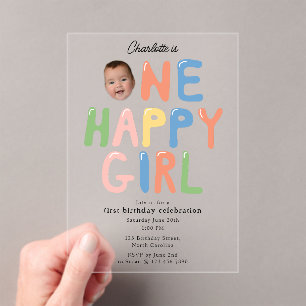One Happy Girl Birthday Invite 1st Birthday Photo Acrylic Invitations