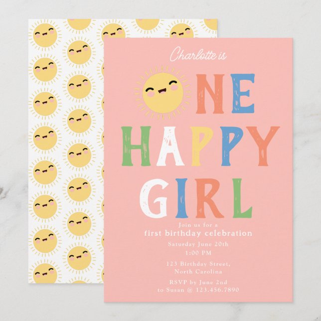 One Happy Girl Birthday Invite 1st Birthday Sun (Front/Back)