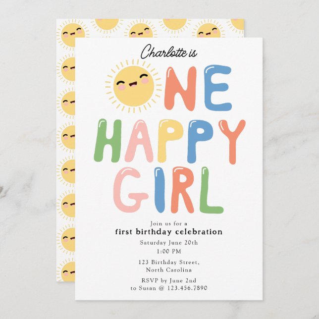 One Happy Girl Birthday Invite 1st Birthday Sun (Front/Back)