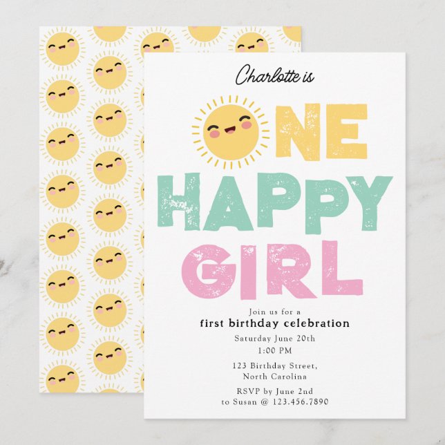 One Happy Girl Birthday Invite 1st Birthday Sun (Front/Back)