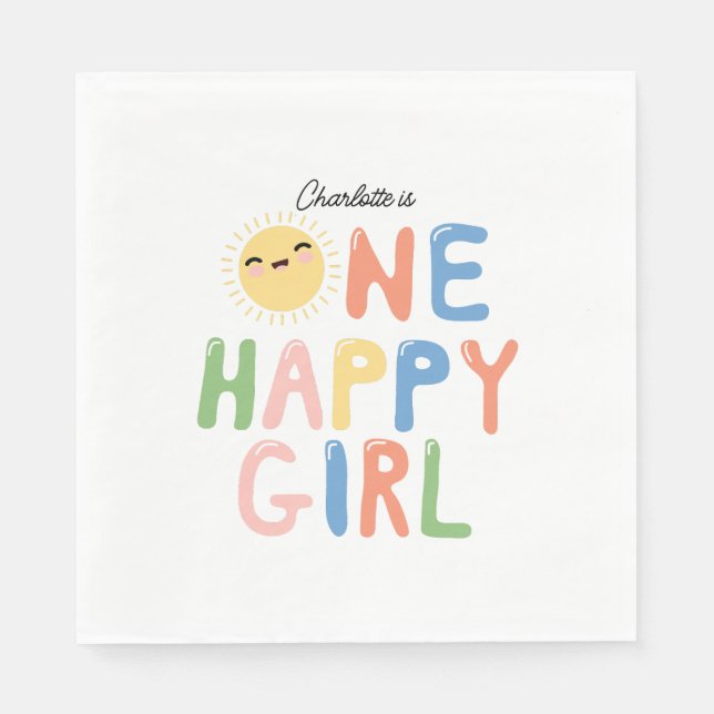 One Happy Girl Birthday Invite 1st Birthday Sun Napkin (Front)