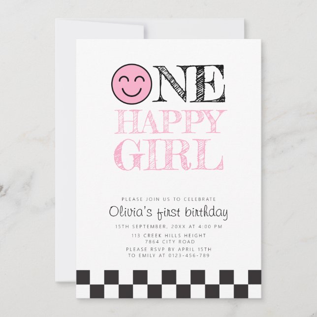 One Happy Girl Happy Face Pink  Invitation (Front)