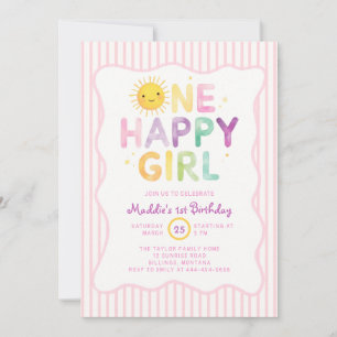 One Happy Girl Pastel Sun Stripes 1st Birthday Invitation