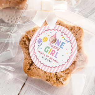 One Happy Girl Pink Colourful 1st Birthday Classic Round Sticker