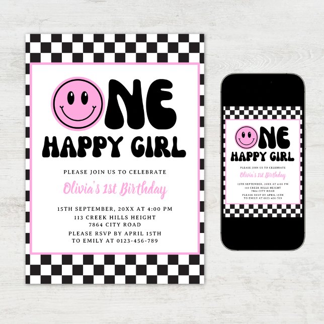 One Happy Girl Pink Happy Face Birthday Invitation (Creator Uploaded)