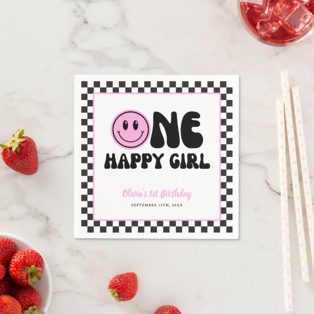 One Happy Girl Pink Happy Face Birthday Napkin (Insitu)