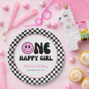 One Happy Girl Pink Happy Face Birthday Paper Plate