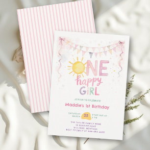 One Happy Girl Pink Pastel Sun Girl 1st Birthday Invitation