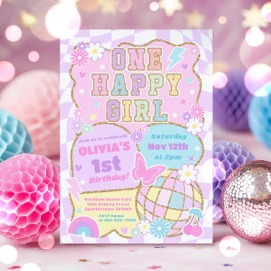 One Happy Girl Preppy Varsity Patch 1st Birthday Invitation