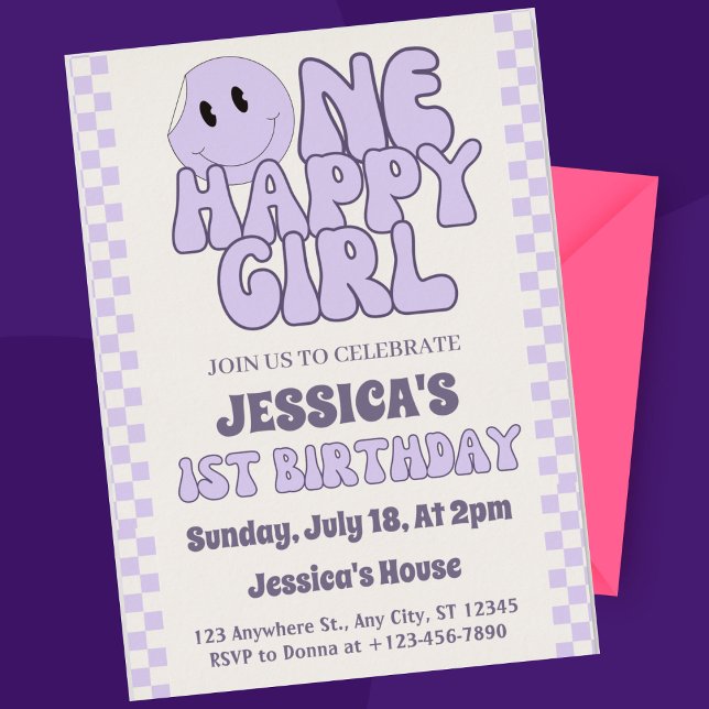 One Happy Girl Retro  1st Birthday  Invitation ("Turning one and having fun! Celebrate her 1st birthday with our retro smiley face invitation)