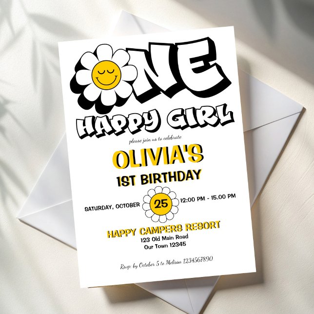 One happy girl retro daisy 1st birthday party invitation (One happy girl retro daisy girls 1st birthday party invitation template cute black and white groovy)