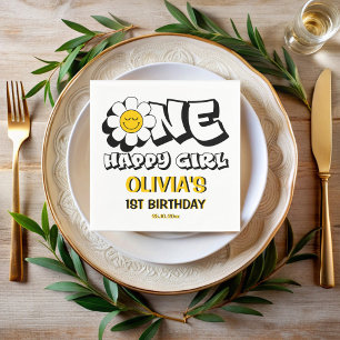 One happy girl retro daisy 1st birthday party napkin