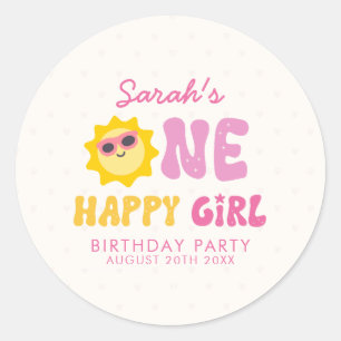 One Happy Girl Retro Sun First Birthday Classic Round Sticker