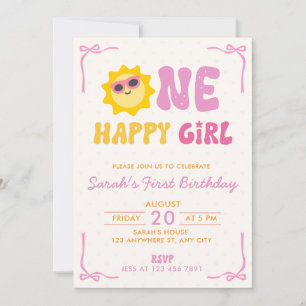 One Happy Girl Retro Sun First Birthday Invitation
