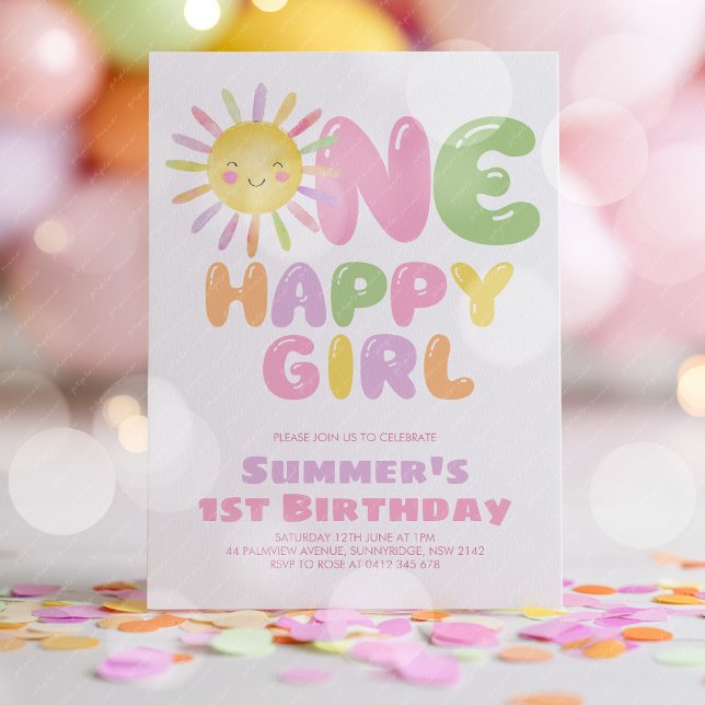 One Happy Girl Sun 1st Birthday Colorful Invitation (One Happy Girl! Girls 1st birthday party invitation in pink, green, orange, purple. )