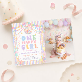 One Happy Girl Whimsical Disco Birthday Photo Invitation