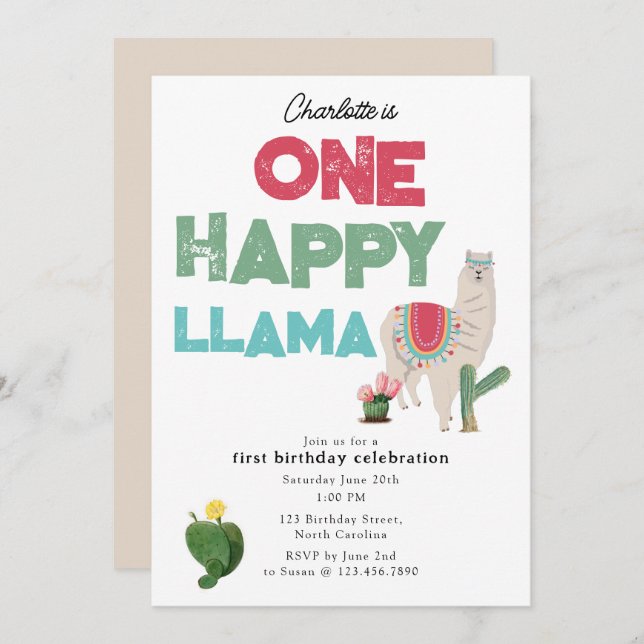 One Happy Llama Invite 1st Girl Birthday (Front/Back)
