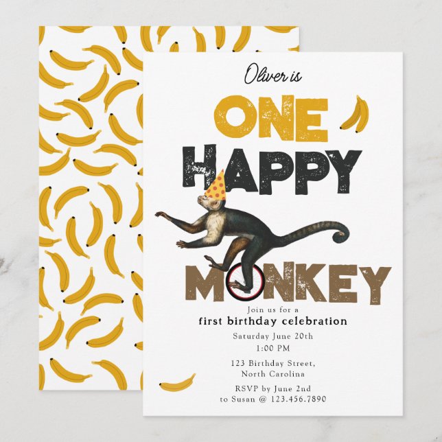 One Happy Monkey Cute Invite 1st First Birthday (Front/Back)