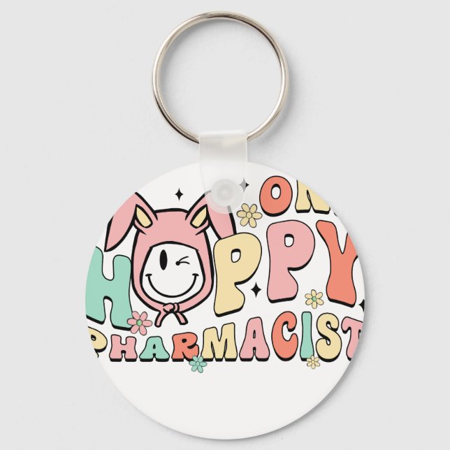 one happy pharmacist, retro, vintage key ring (Front)