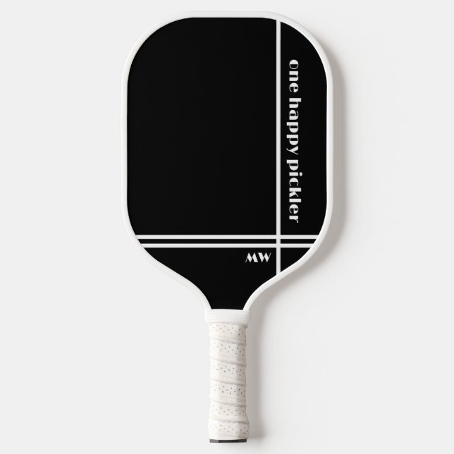 One Happy Pickler Black White Initials Funny Pickleball Paddle (Front)