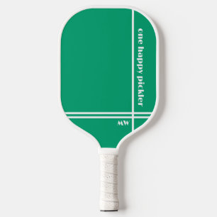 One Happy Pickler Mint Green White Initials Funny Pickleball Paddle
