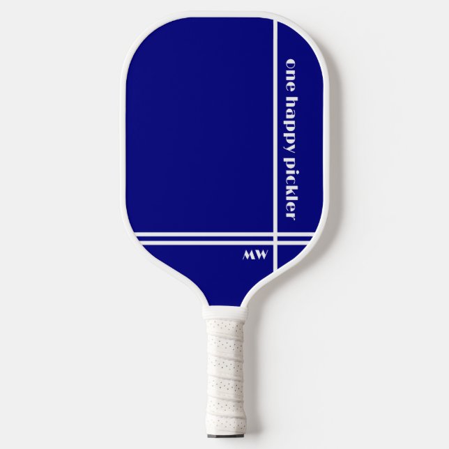 One Happy Pickler Navy Blue White Initials Funny Pickleball Paddle (Front)