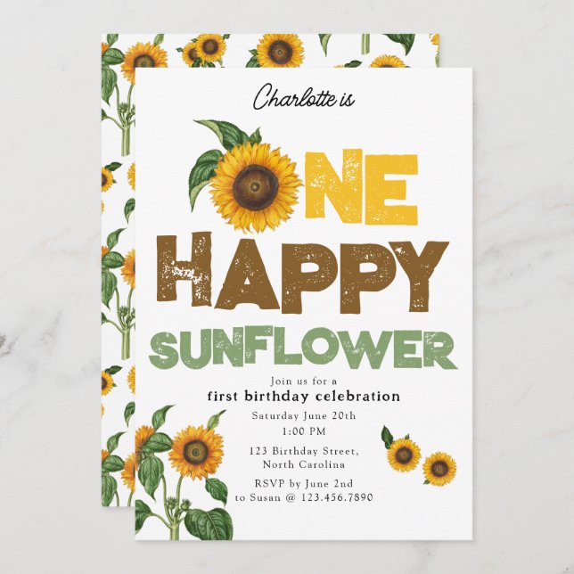 One Happy Sunflower Invite 1st Summer Birthday (Front/Back)