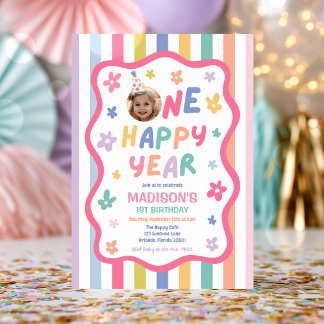 One Happy Year Colourful Pastel 1st Birthday Party Invitation