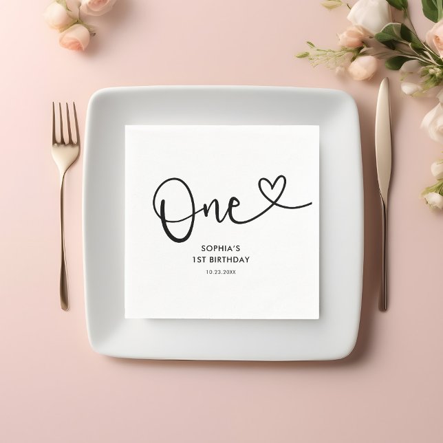 One Heart Calligraphy 1st Birthday Napkin (Creator Uploaded)