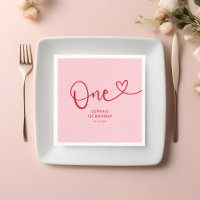 One Heart Calligraphy 1st Birthday Pink Red
