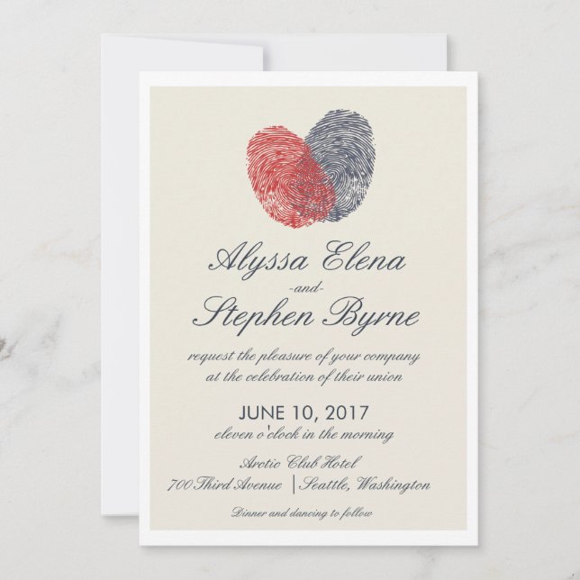 One Heart One Love Fingerprint Modern Wedding Invitation (Front)