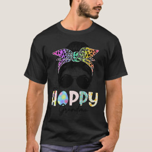 One Hoppy Grandma Leopard Messy Bun Easter Day T-Shirt