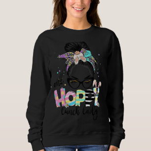 One Hoppy Lunch Lady Bunny Leopard Messy Bun Easte Sweatshirt