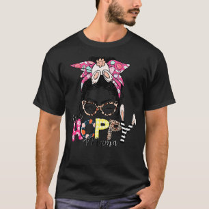 One Hoppy Mama Messy Bun Leopard Happy Easter Mum T-Shirt