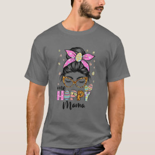 One Hoppy Mama Messy Bun Leopard Happy Easter Mum T-Shirt