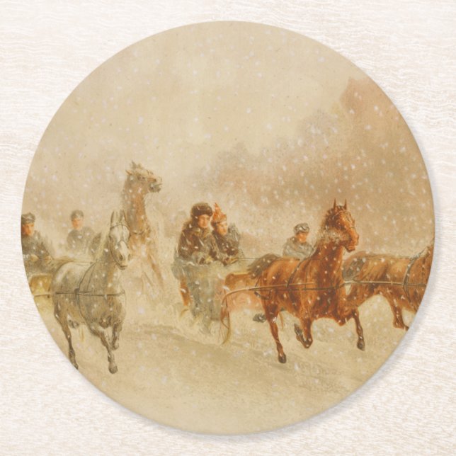 One Horse Open Sleigh Race Christmas Round Paper Coaster (Front)