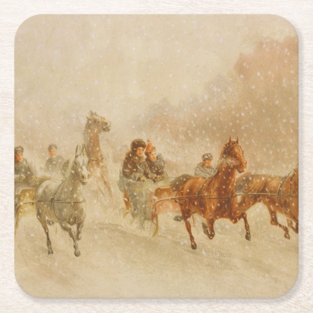One Horse Open Sleigh Race Christmas Square Paper Coaster (Front)