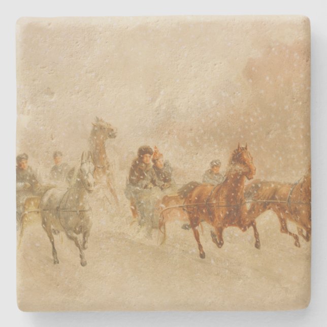 One Horse Open Sleigh Race Christmas Stone Coaster (Front)