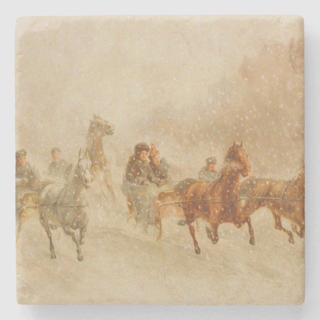 One Horse Open Sleigh Race Christmas Stone Coaster (Front)