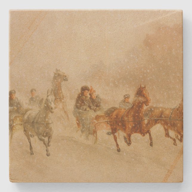 One Horse Open Sleigh Race Christmas Stone Coaster (Front)