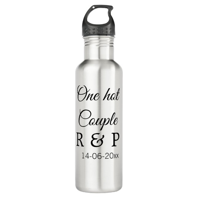 One hot add couple name initial letter text date 710 ml water bottle (Front)