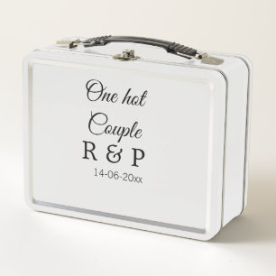 One hot add couple name initial letter text date metal lunch box
